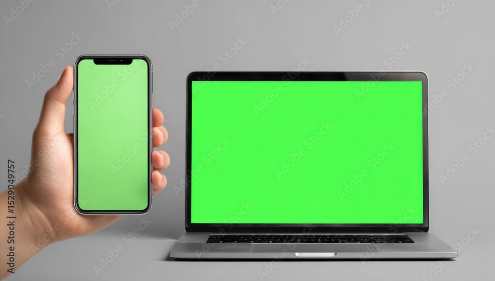 Poster hand holding smartphone with green screen next to laptop, representing mobile technology and digital