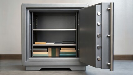 Fototapeta premium A secure, open safe displaying shelves with stacked items, emphasizing safety and storage solutions.
