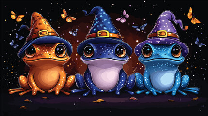 Fototapeta premium Cartoon Frogs Dressed as Wizards for Halloween.
