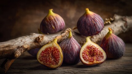 A fig climbing, morning dew visible, realistic fruit texture and soft background
