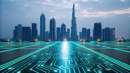 Futuristic skyline with illuminated circuit patterns, blending technology and architecture against a twilight backdrop.