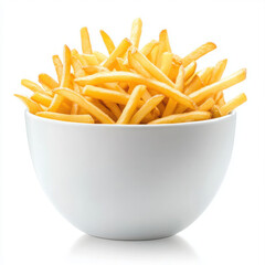 Golden french fries in a white bowl delicious snack