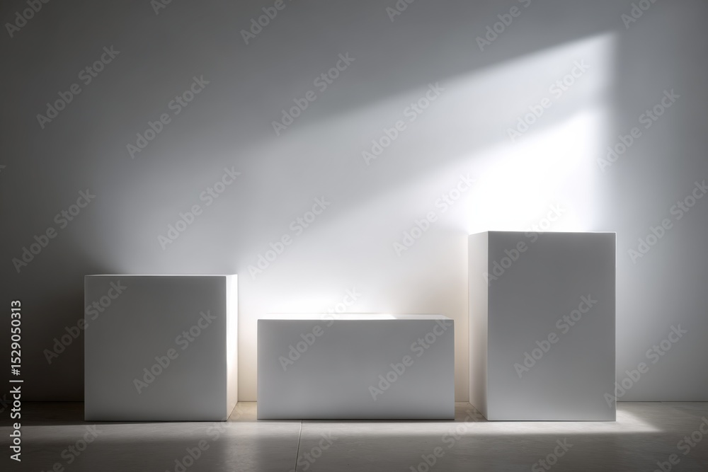 Leinwandbilder Three White Cubes in a Minimalist Setting With Soft Light, Ideal for Product Presentation and Displaying Innovation : Generative AI