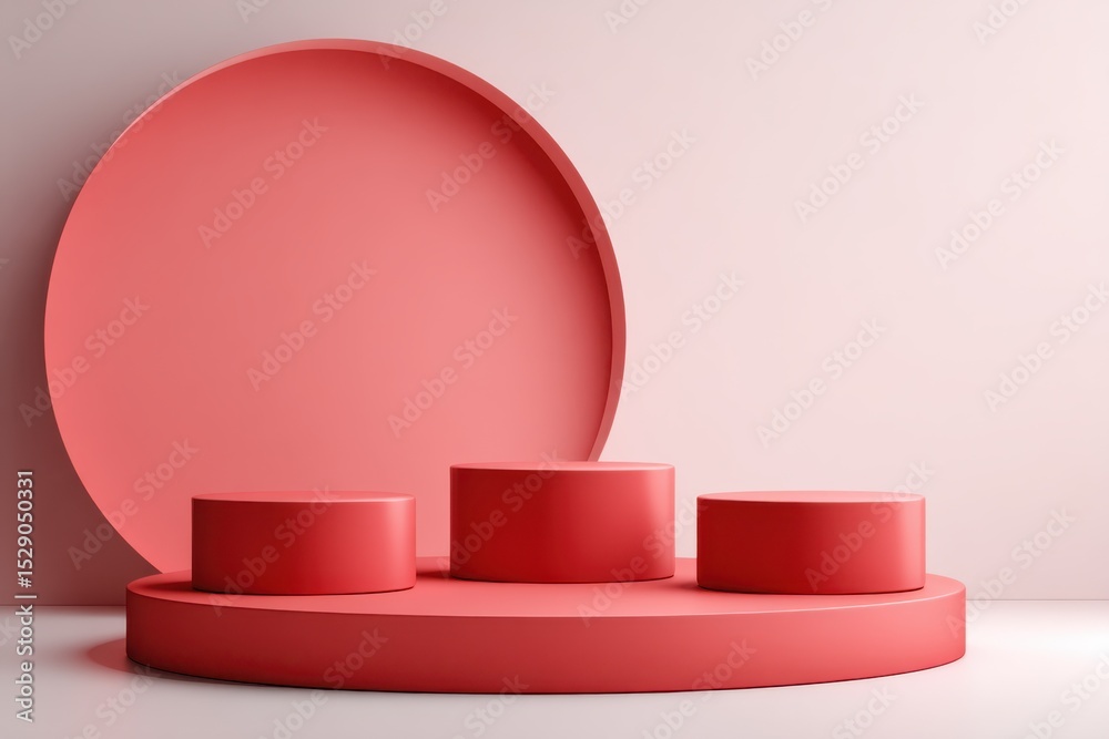 Poster three red cylinders on a round platform, ideal for product mockups and online advertising, showcasin