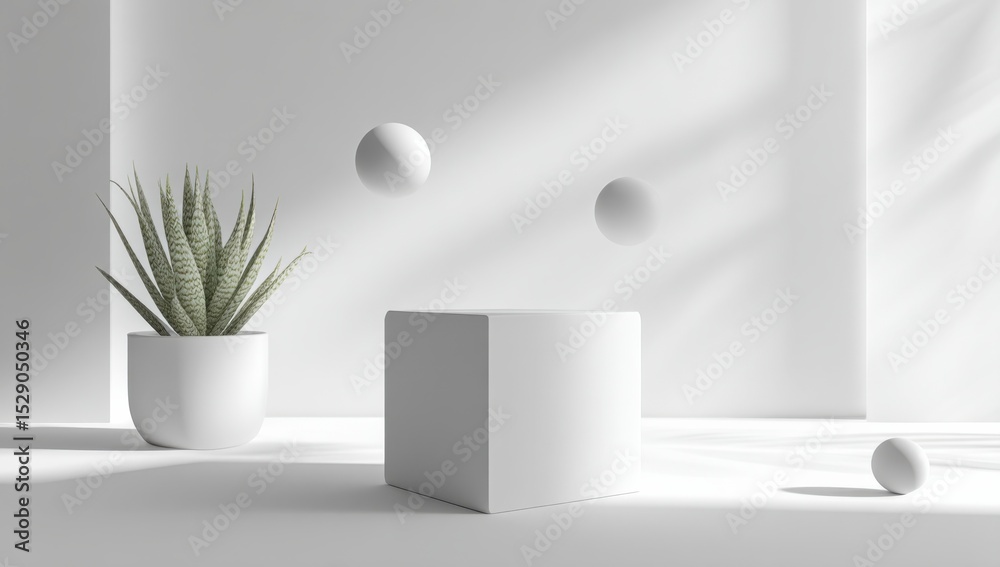 Aufkleber Minimalist White Product Display With Plant and Spheres, Ideal for Modern Branding and Sustainable Design Concepts : Generative AI