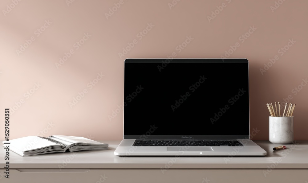 Fototapete laptop and notebook on desk in minimalist workspace, representing productivity and digital lifestyle