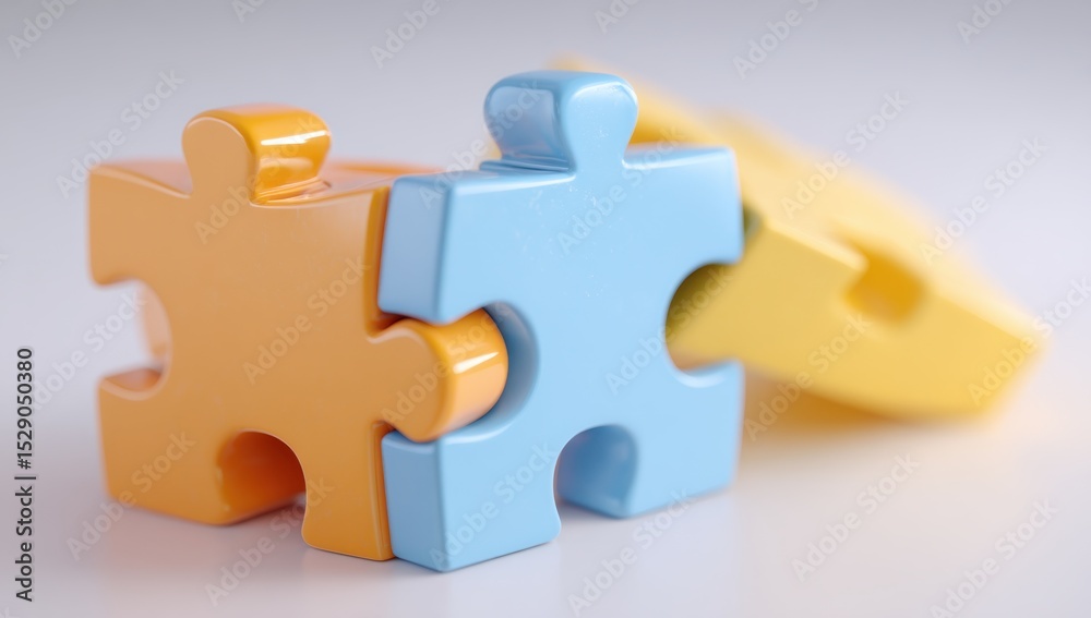 Poster interlocking puzzle pieces in orange and blue, symbolizing teamwork, collaboration, and problem solv