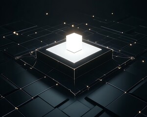 Black polygonal abstract platform with glowing white product in center spotlight