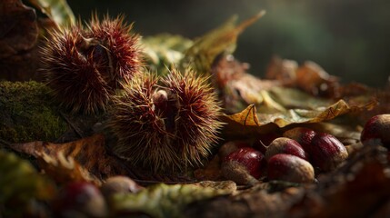 Chestnuts still in their spiky husks lying in a bed of fallen leaves, ultra-realistic close-up with natural textures and colors