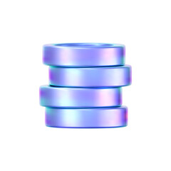 3D holographic coin stack with purple neon effect, isolated on a white background. Render of iridescent chrome coin pile, game token, casino chip, digital currency, or treasure. 3D vector illustration