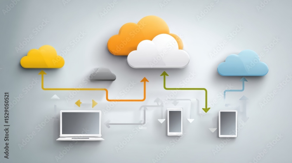Poster cloud storage concept infographic featuring devices communicating with cloud icons in a flat style w