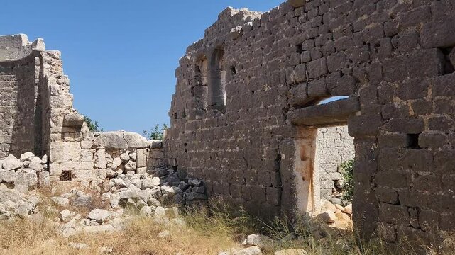 Inner view of the north and west walls of the basilica in Hidirli Ruins, is located 2.5 km north of Kızkalesi in Mersin, Southern Turkey.