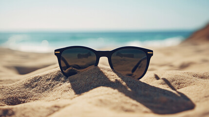 A pair of stylish sunglasses resting on a sandy beach, capturing the essence of a sunny, relaxing coastal getaway.
