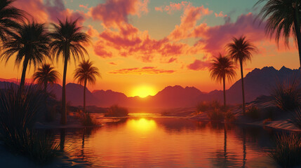 Fototapeta premium A golden sun dips behind palm trees, casting warm hues over shimmering water in a tranquil desert oasis. 