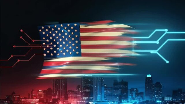 American flag with circuit lines over cityscape could represent technology innovation patriotism data or government themes