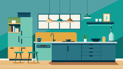  Modern Flat Style Kitchen Interior with Furniture and Appliances &ndash; Vector Illustration
