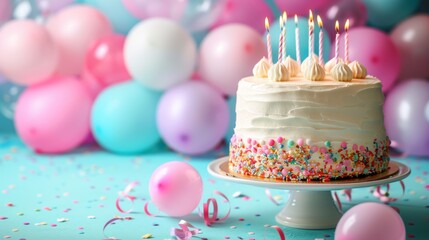 A vibrant and festive birthday cake adorned with candles and colorful sprinkles, set against a backdrop of pastel balloons, perfect for celebrations and joyful gatherings.