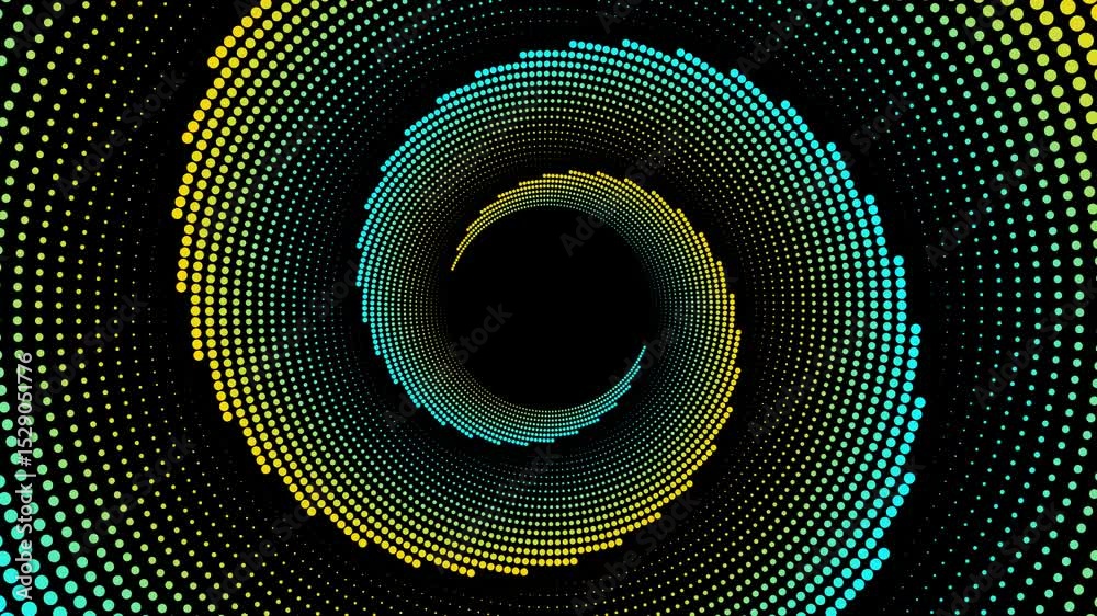 Poster abstract animated background with colorful dots circles spinning in dark space. dynamic and smooth r