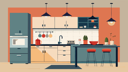  Modern Flat Style Kitchen Interior with Furniture and Appliances – Vector Illustration
