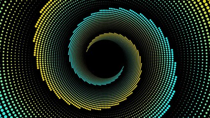 Abstract animated background with colorful dots circles spinning in dark space. Dynamic and smooth rotating dotted lines for ads, creative digital design, motion graphic element, or sales presentation - Powered by Adobe