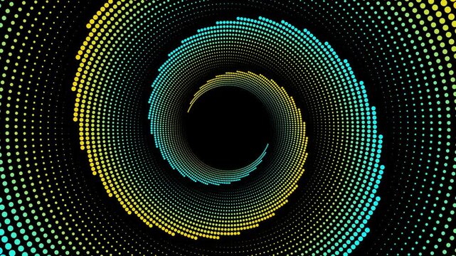 Abstract animated background with colorful dots circles spinning in dark space. Dynamic and smooth rotating dotted lines for ads, creative digital design, motion graphic element, or sales presentation