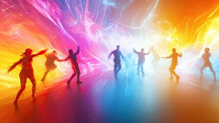 A group of people in a bright, colorful environment, their movements creating energy bursts as they work together.