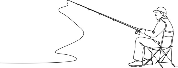 continuous single line drawing of man with fishing rod sitting on fishing chair, line art vector illustration
