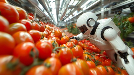 A futuristic robot carefully harvesting ripe tomatoes in a bright greenhouse filled with vibrant green plants, showcasing technology in agriculture and sustainability.