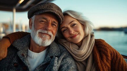 A joyful senior couple smiles warmly at the camera while embracing each other, radiating love and companionship against a blurred waterfront backdrop.