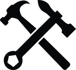 An isolated vector illustration features a metal hammer, wrench, and screwdriver, essential tools for construction and repair work