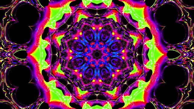Colorful animation design with black background. Kaleidoscope VJ loop. 3D rendering