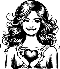 SVG file girl holding heart, black and white vector file for printing, cutting