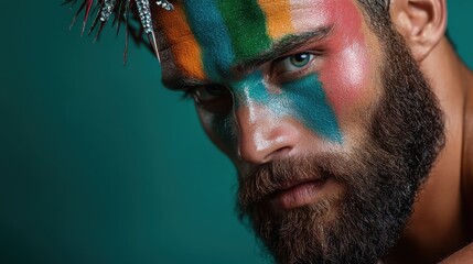 A close-up of a man with striking face paint, showcasing vibrant colors and an intense gaze that represent individuality and artistic expression in a contemporary context.