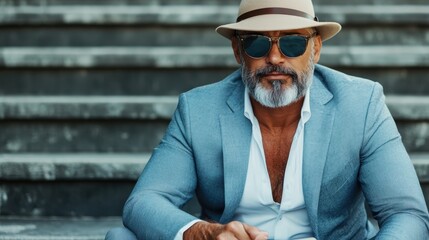 A sophisticated man in stylish attire captured sitting on stairs, exuding confidence and elegance amidst a modern urban backdrop, illustrating contemporary fashion and lifestyle.