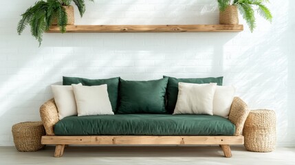 This elegant sofa, adorned with plush cushions, blends seamlessly into a stylish living room setting, portraying comfort, relaxation, and contemporary interior design aesthetics.