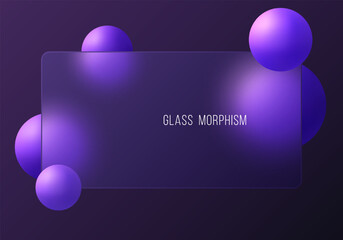 Dark glassmorphism banner with glowing purple spheres on a deep gradient background