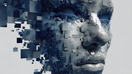 A face composed of fragmented, geometric shapes.