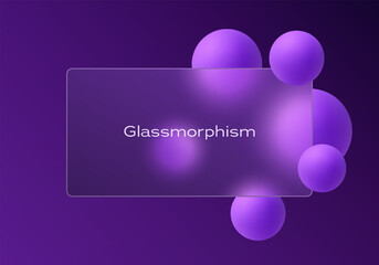Glassmorphism rectangle with glowing violet spheres on a dark purple gradient background, modern abstract UI design.