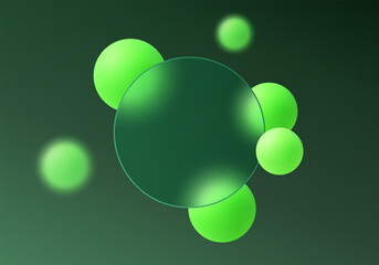 Green glassmorphism style banner round shape with glowing neon green spheres on dark green gradient background, abstract modern ui style.