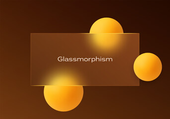 Rectangular glass banner with glowing yellow-orange spheres on dark brown gradient background, abstract graphic user interface element.