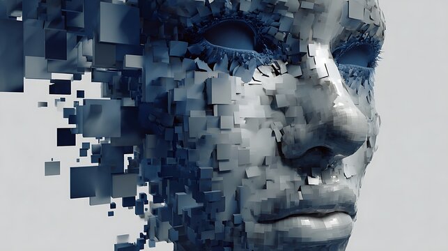 A face composed of fragmented, geometric shapes.