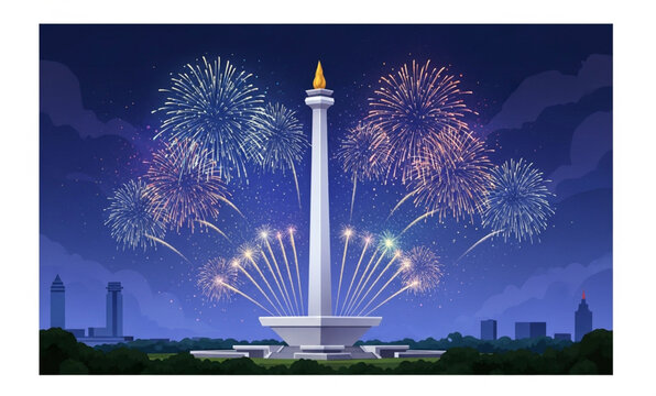 Monas Monument Celebration with Fireworks Display over Jakarta Cityscape | Indonesia Independence Day Festival for Tourism and Event Marketing - Powered by Adobe