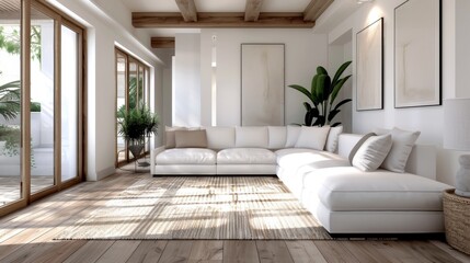 This airy, modern living room boasts large windows, sleek furniture, and bright plants that bring a fresh, calming vibe, making it a perfect sanctuary for relaxation and peace.