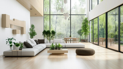 Minimalist living room with white walls and wooden floor, bathed in soft natural light. Serene simplicity in a spacious modern interior.