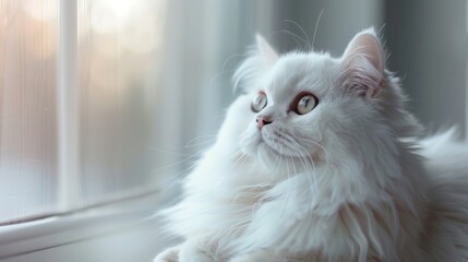 A serene portrait of a fluffy white cat with bright eyes, resting peacefully by a window, creating an atmosphere of tranquility and contemplation in soft natural light.