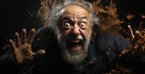 An intense man with wild hair and a fierce expression appears to erupt with emotion, capturing the raw energy of surprise and unconscious rage in a striking portrait.