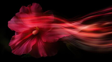 Fototapeta premium a long exposure photo capturing a single, exquisite velvet texture vibrant bright deep red hollyhock flowers, soft pedals edges. The petals bloom softly 