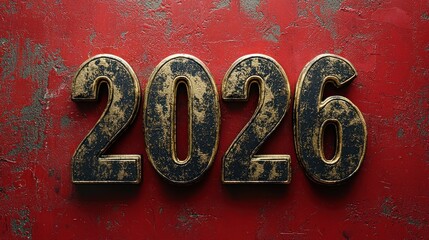 Distressed black and gold 2026 numbers on textured red background representing vintage style New Year celebration Generative AI