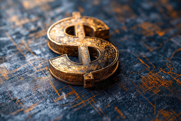 Surreal Decay: A Golden Dollar Sign in Mid-Air with a Blueprint