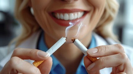 A cheerful woman breaking two cigarettes in half, symbolizing the decision to quit smoking and embrace a healthier lifestyle full of hope and positivity.
